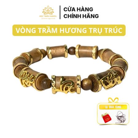Vòng Tay Trầm Hương Trụ Trúc Trầm Tốc Việt Bọc Vàng Khắc Phúc Lộc Thọ