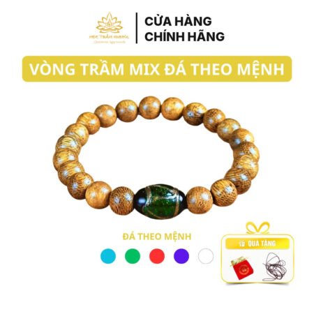Vòng Tay Trầm Hương Tròn Đơn Trầm Tốc Việt Đính Đá Trụ Ngọc Diện Trợ Mệnh