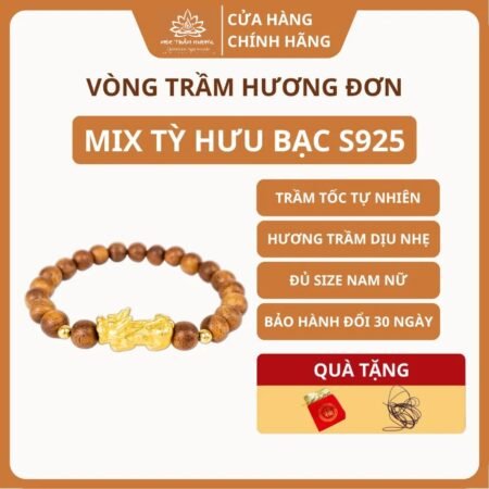 Vòng Tay Trầm Hương Tròn Đơn Trầm Tốc Việt Mix Tỳ Hưu Bạc S925 Nam Nữ