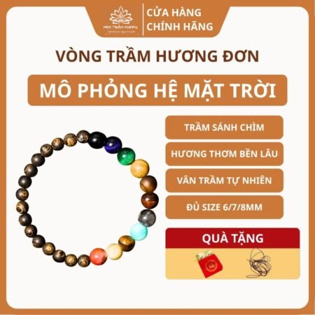 Vòng Tay Trầm Hương Tròn Đơn Trầm Sánh Chìm Mix Đá Thái Dương Hệ 8/10mm