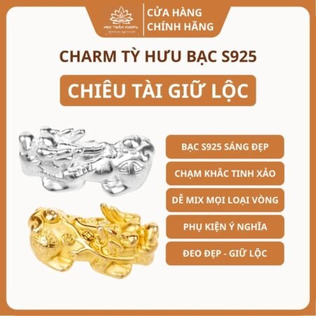 Charm Tỳ Hưu Bạc S925 Xỏ Ngang Mix Vòng Trầm Hương, Vòng Đá Phong Thủy