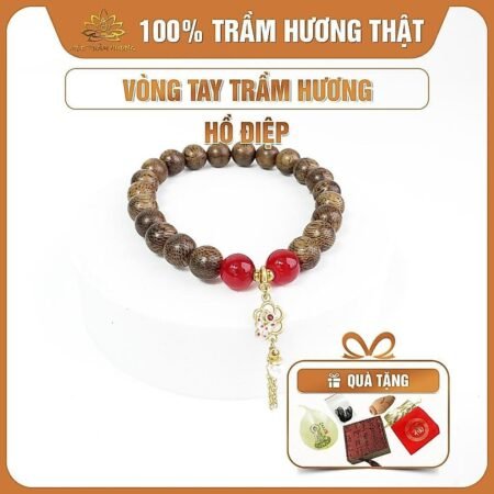 Vòng Tay Trầm Hương Tốc Hạt Tròn Đơn Mix Charm Hồ Điệp Bạc S925 Và Đá Mã Não