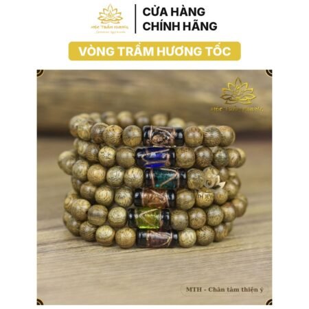 Vòng Tay Trầm Hương Tròn Đơn Trầm Tốc Việt Mix Đá Trúc Ngọc Ngũ Sắc Theo Mệnh